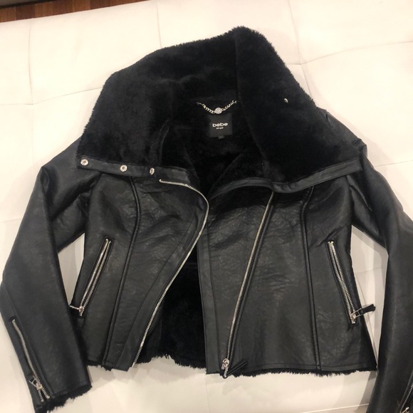Bebe black faux leather faux fur lined jacket - Picture 2 of 8